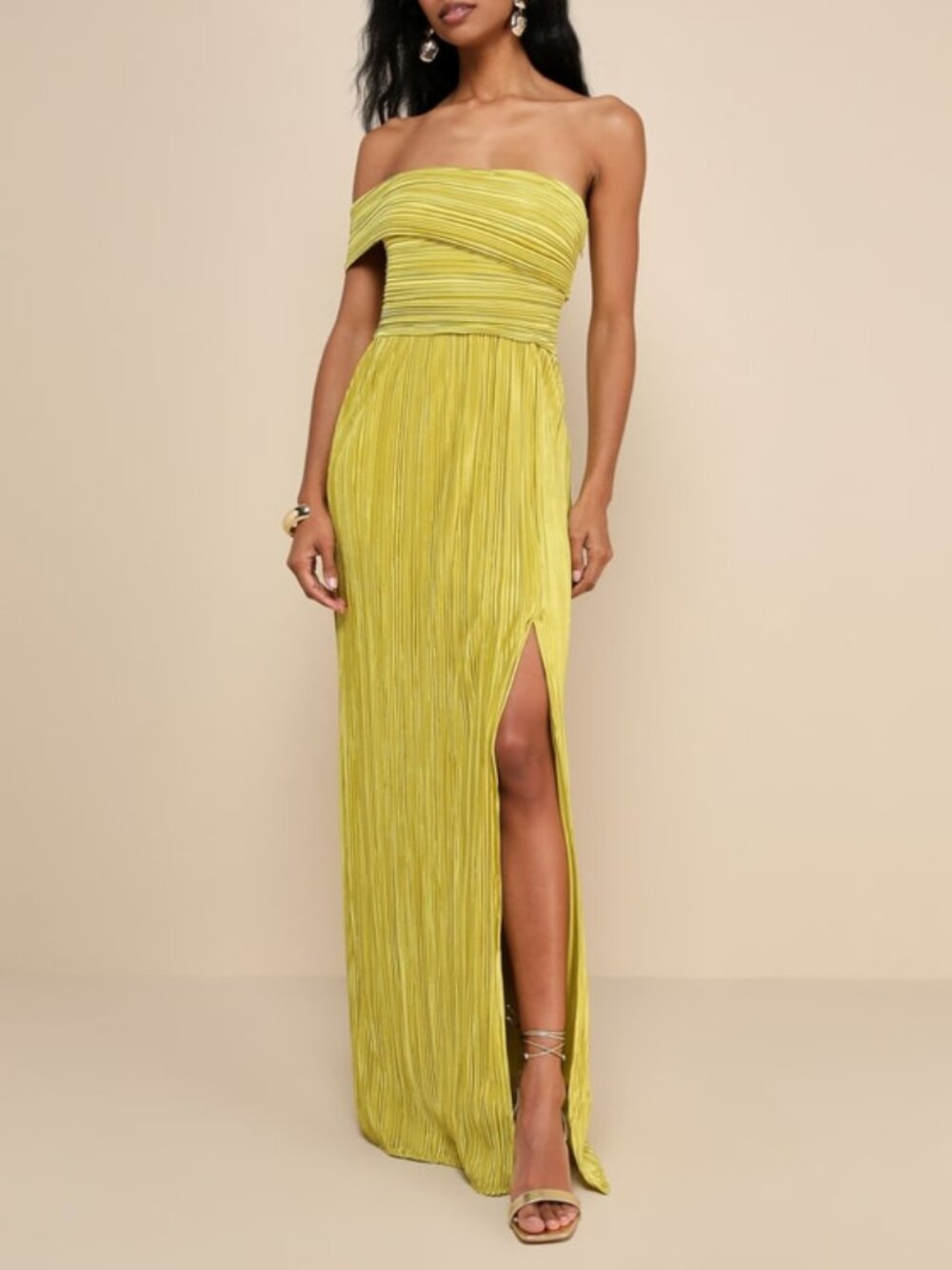 Lulus Poised Performance Chartreuse Plisse One-shoulder Maxi Dress Green
